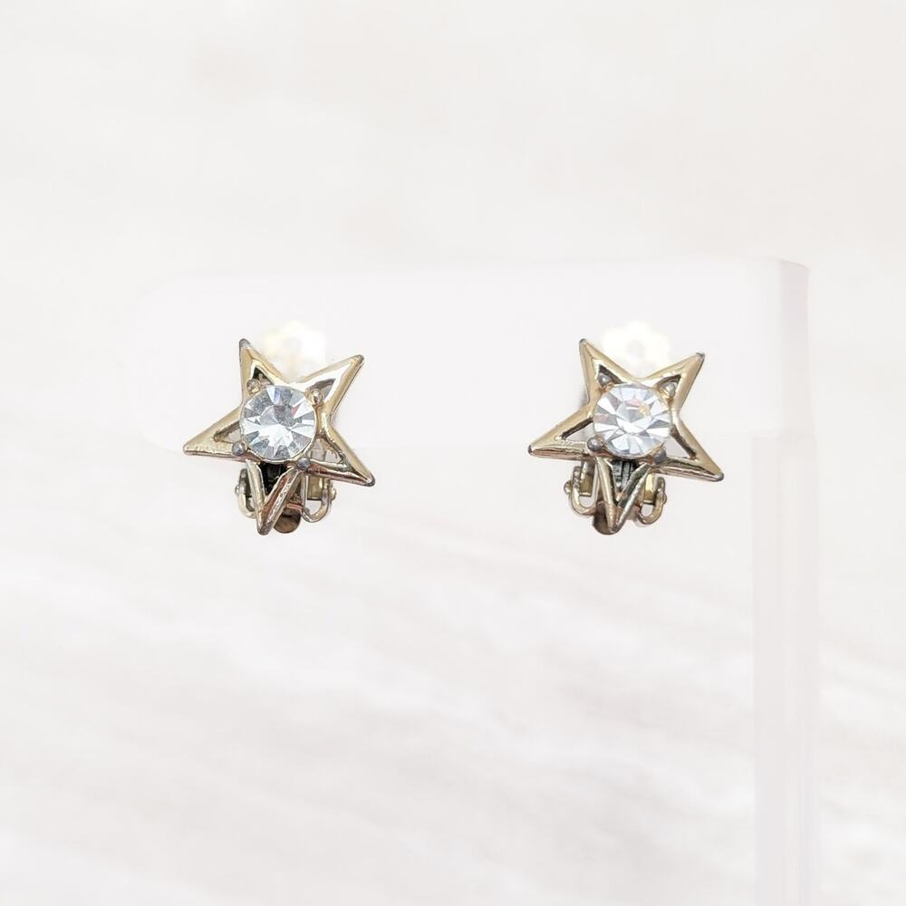 Vintage Clip On Earrings Gold Tone Star Shape with Clear Gem - Fair Condition